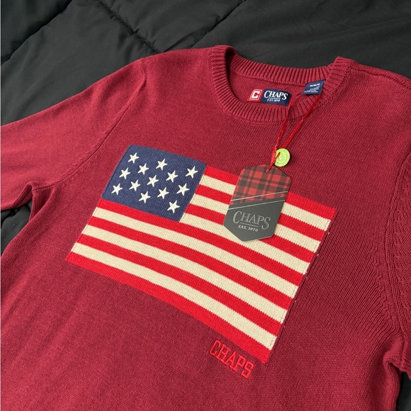 Chaps Men's Burgundy Sweater with Flag Design